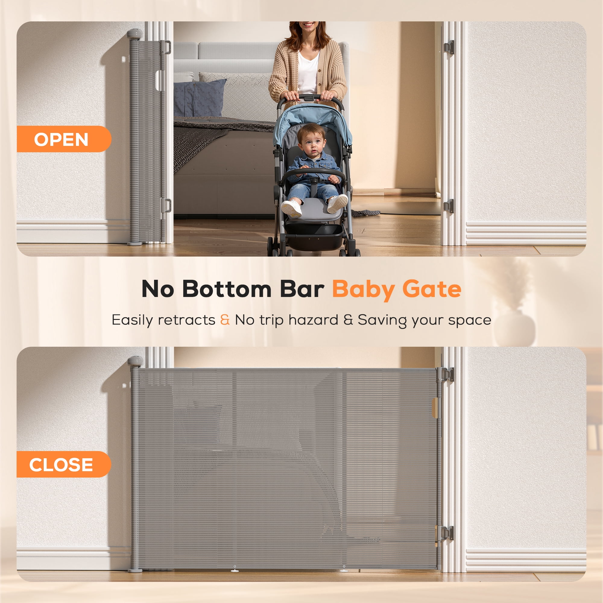 2X Retractable Baby Gate, TULILLO 42in Tall Baby Safety Gate, 120" Wide Baby Gate Dog Gate for Stair, Doorway, Auto-Lock,Gray