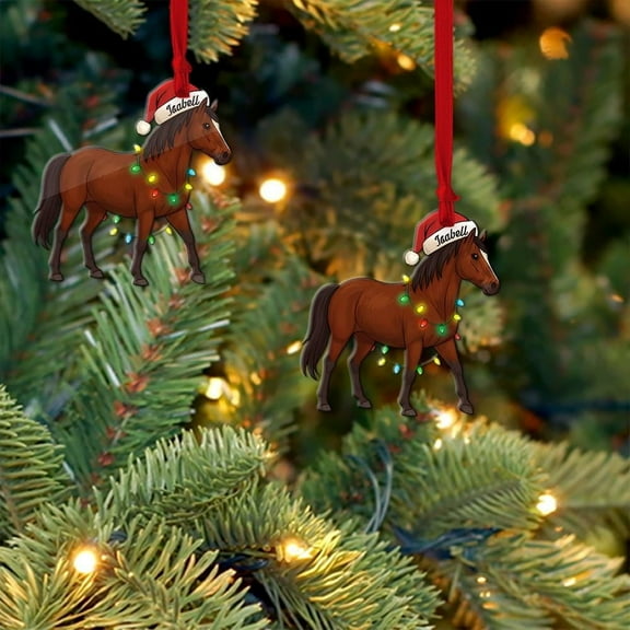 Personalized Horse Acrylic Christmas Ornament Custom Name, Santa Hat & Lights, Equestrian Holiday Tree Decor, Farmhouse Home Keepsake