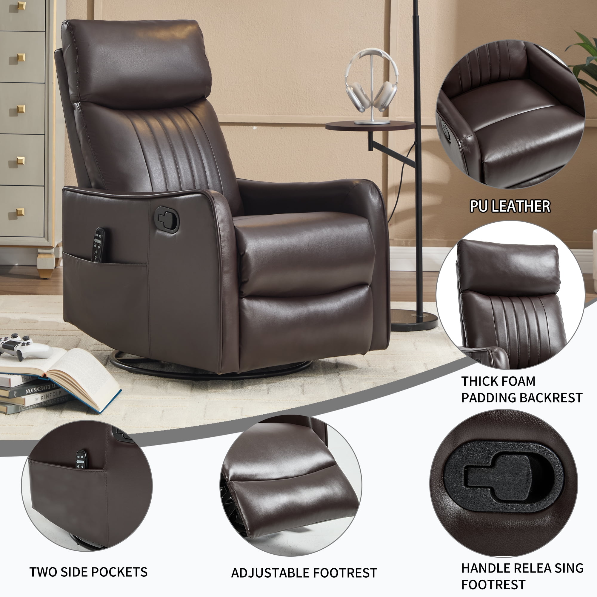 Leumius Manual Swivel Rocker Recliner Chair for Adults,Overstuffed Reclining Glider Chair with Vibration Massage & Heat,Upholstered Recliners with Side Pockets for Living Room,Dark Brown PU