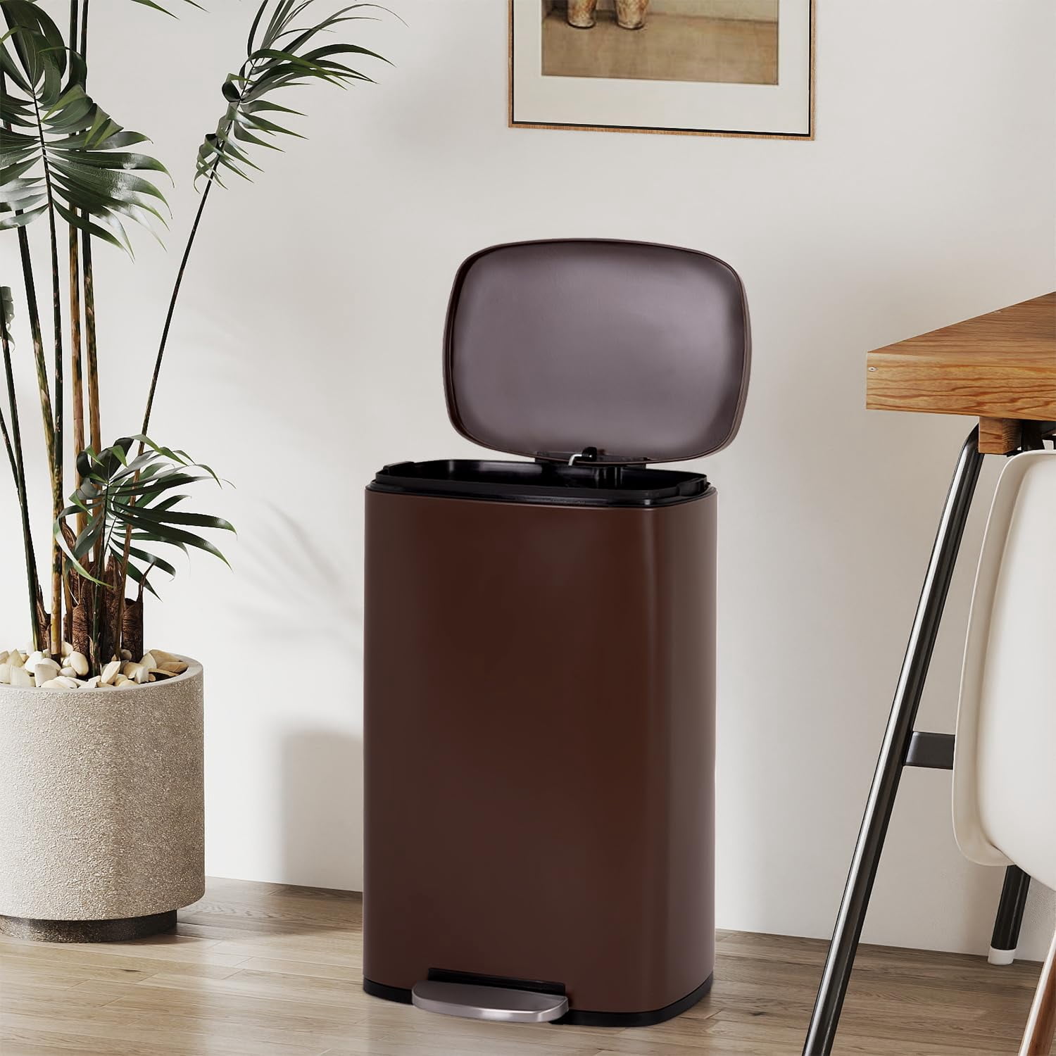 CL.HPAHKL 50 Liter / 13 Gallon Garbage Can, Fingerprint-Proof Garbage Can with Lid Stainless Steel Kitchen Trash Can with Removable Inner Bucket Step Trash Can, Brushed Stainless Steel Finish, Brown