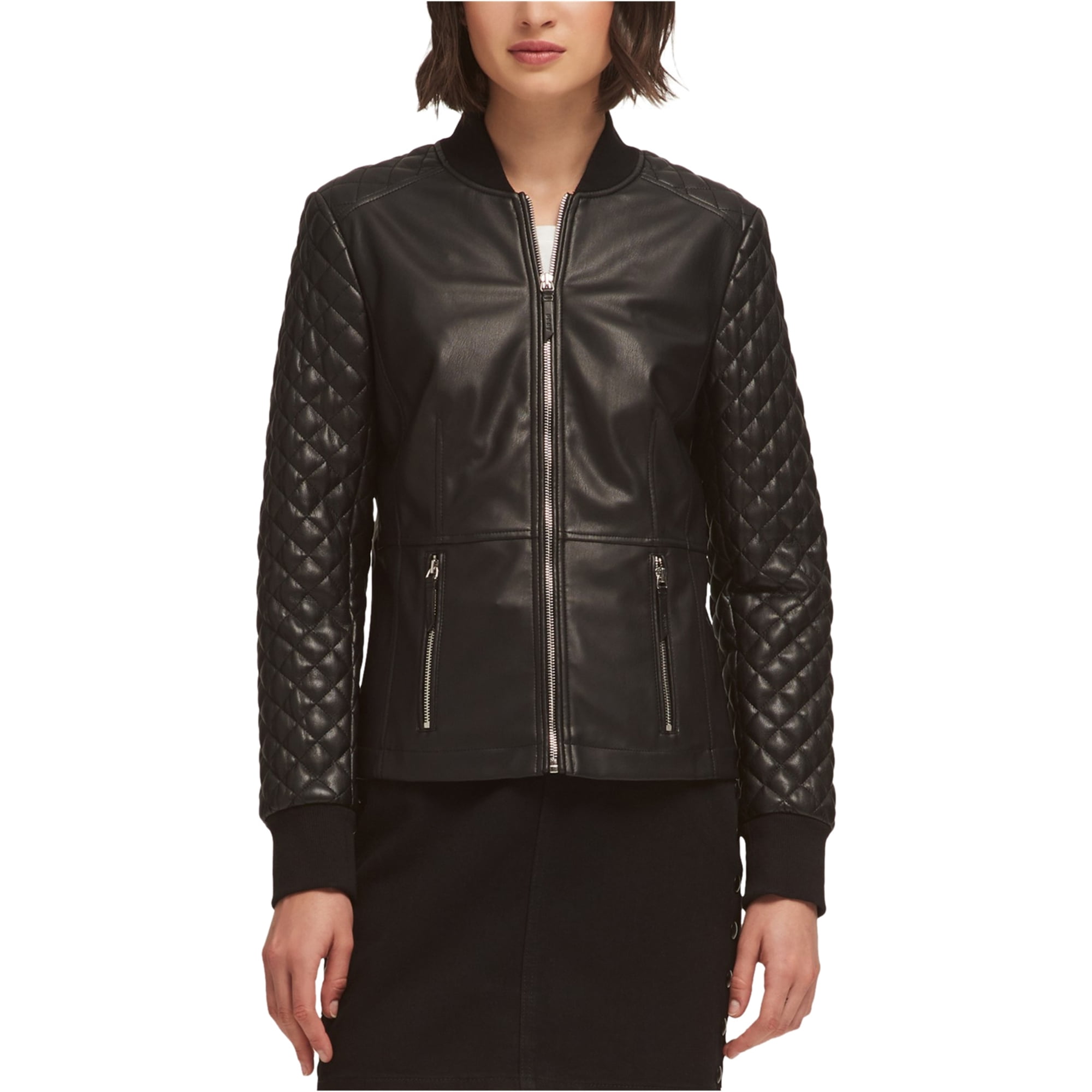AmeriMark Women’s Faux Leather Jacket Front Zip Quilted Shoulders and Pockets