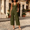 thumbnail image 4 of IUYRTFE Women Cotton Linen V Neck Button Down Jumpsuit Sleeveless Wide Leg Romper with Pockets, 4 of 7