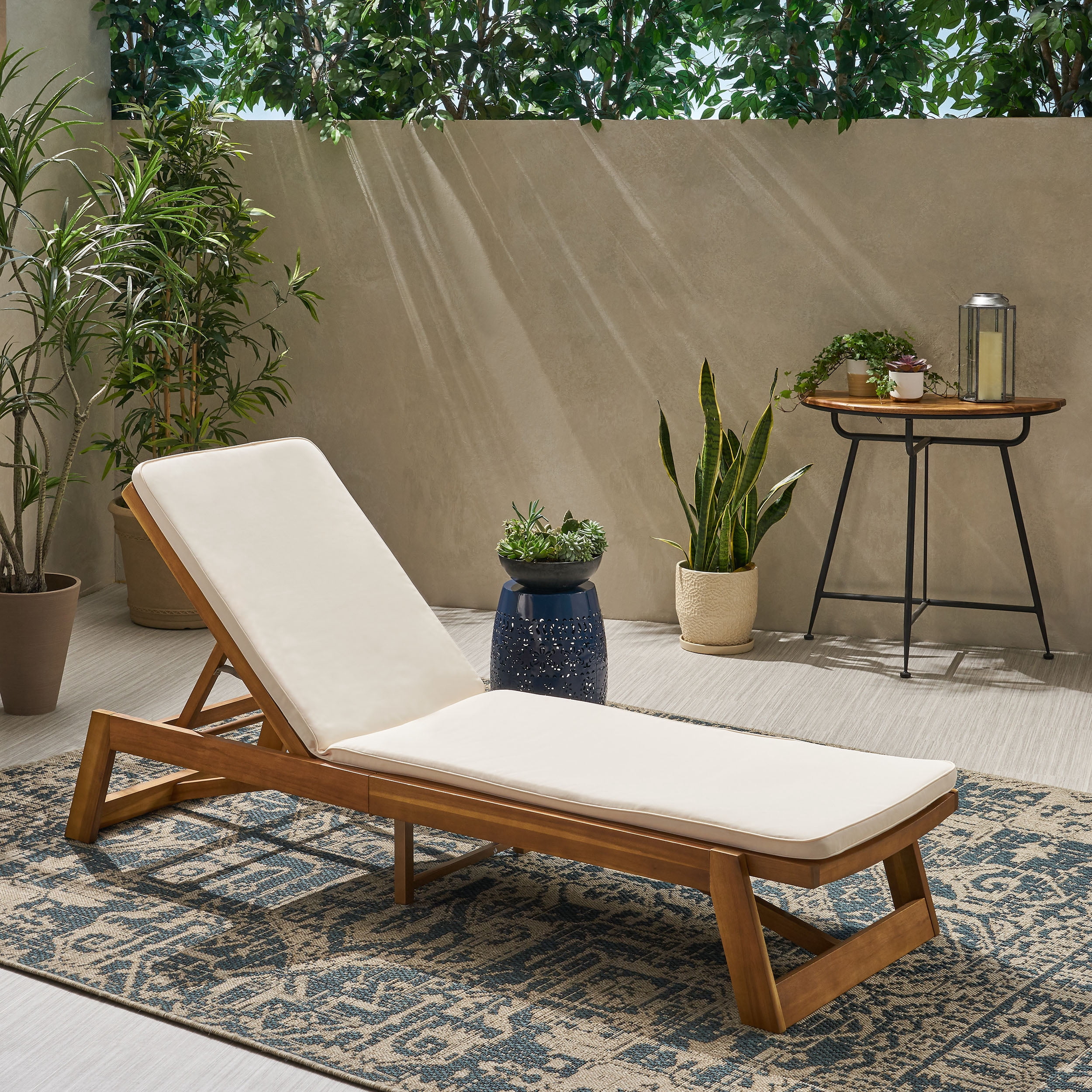 Cullen Outdoor Acacia Wood Chaise Lounge and Cushion Set, Teak and Cream