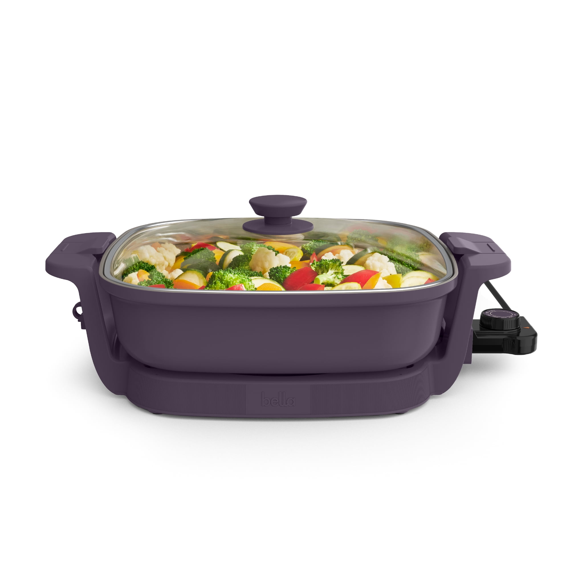 bella 12" Make & Take Electric Skillet with EverGood™ Ceramic Nonstick Coating, Adjustable Temperature, Dishwasher-Safe Glass Lid, Plum
