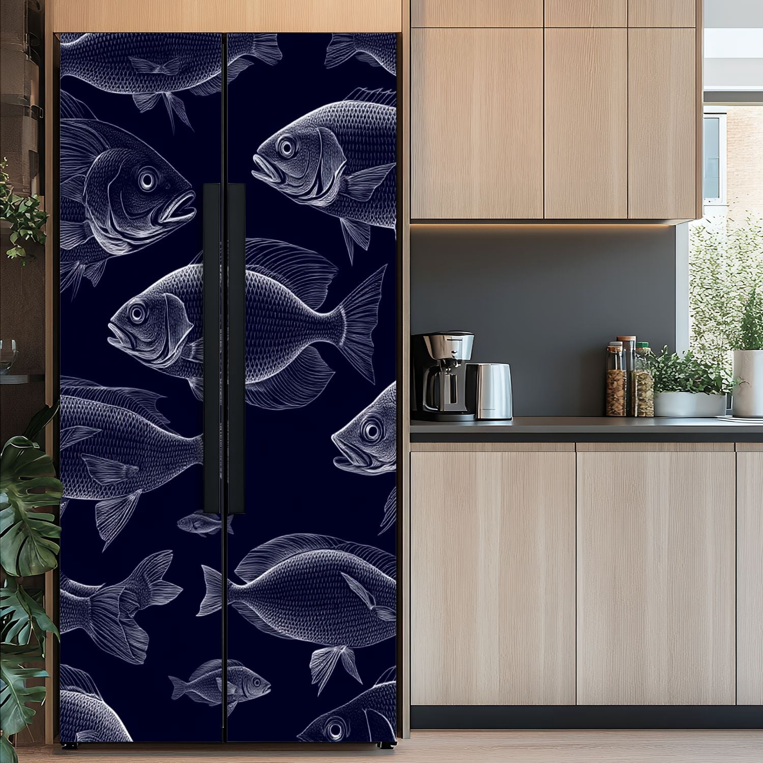 Self Adhesive Vinyl Refrigerator Wrap Set Detailed Fish Swimming Dark Patterned Door Mural Removable Fridge Sticker Peel and Stick&nbsp;Full Door Cover Decal Kitchen Bar Decor