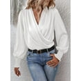 thumbnail image 2 of Women'S Elegant V-Neck with Lantern Sleeves Temperament Commuting Solid Color Shirt Top White L, 2 of 6