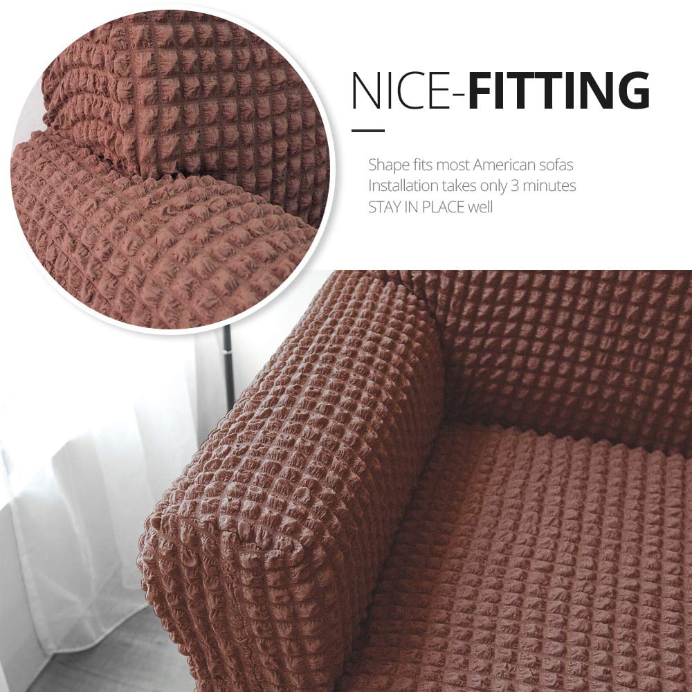 NICEEC Sofa Slipcover Brown Sofa Cover 1 Piece Easy Fitted Sofa Couch Cover Universal High Stretch Durable Furniture Protector with Skirt Country Style (3 Seater Brown)