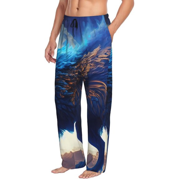 Picia Moonlit Blue Wolf Mens Soft Woven Cotton Elastic Waistband Sleep Pajama Pant Lounge Sleep Pant With Pockets And Drawstring-Small