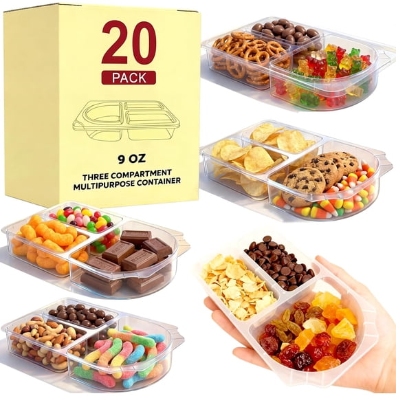 9 OZ Reusable Snack Containers with Lids & New Containers,Snack Pack Containers,Small 3 Compartment Condiment Containers,Perfect for Snacks, Condiments, Meals Prep On-the-Go (20 Sets)