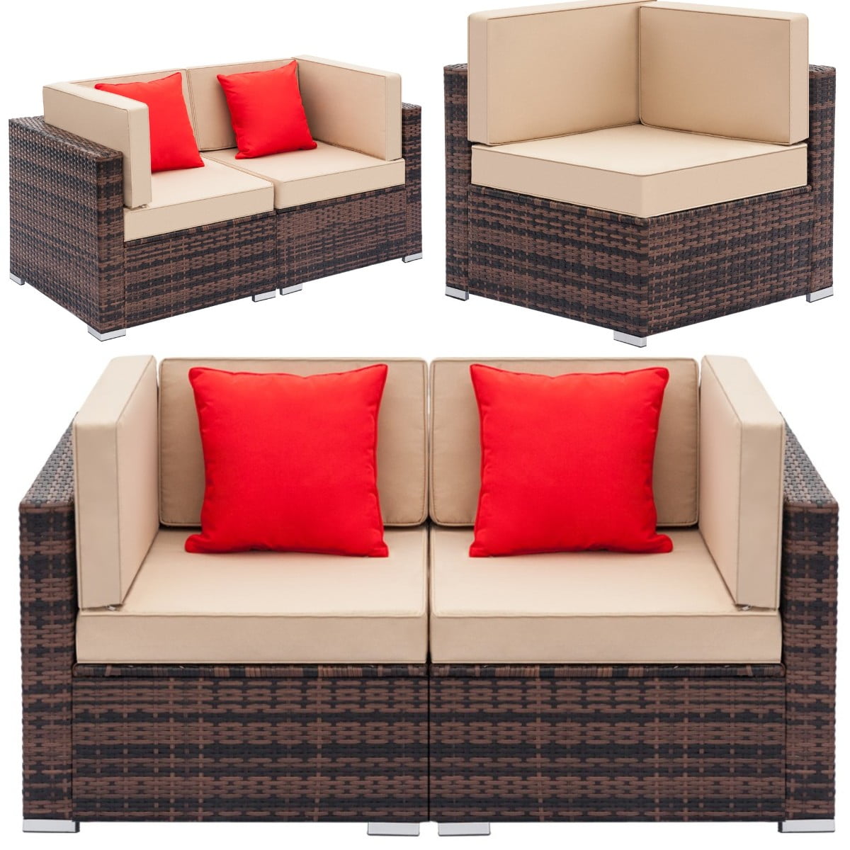 2PCs Wicker Loveseats Patio Sectional Corner Sofa All Weather Rattan Outdoor Set 