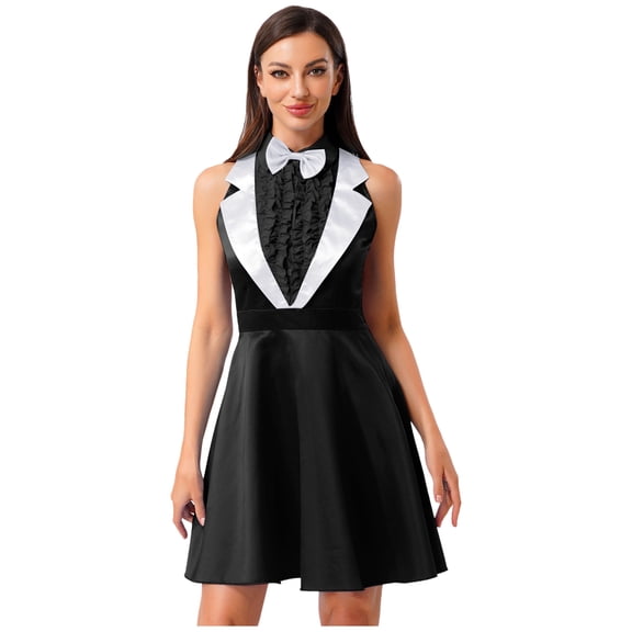 SiiRoh Women's 80s 90s Movie Dress Sleeveless Bowtie Lapel Party Princess Dresses Black XL