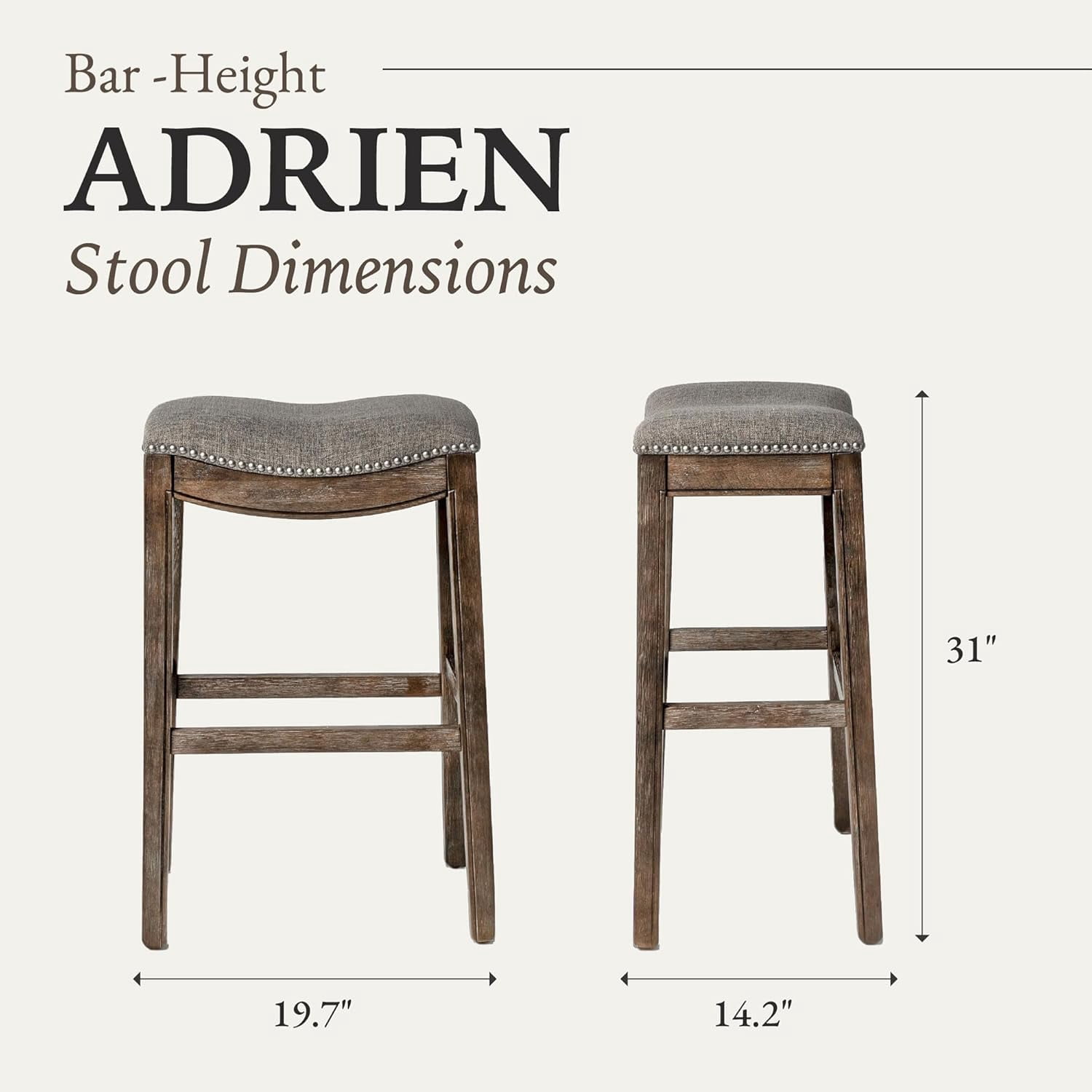 Maven Lane Adrien 31" Wood Barstool - Handcrafted Walnut Finish with Ash Grey Fabric Seat for Comfort - Durable Backless Barstool for Kitchens, Dining Rooms, Pub