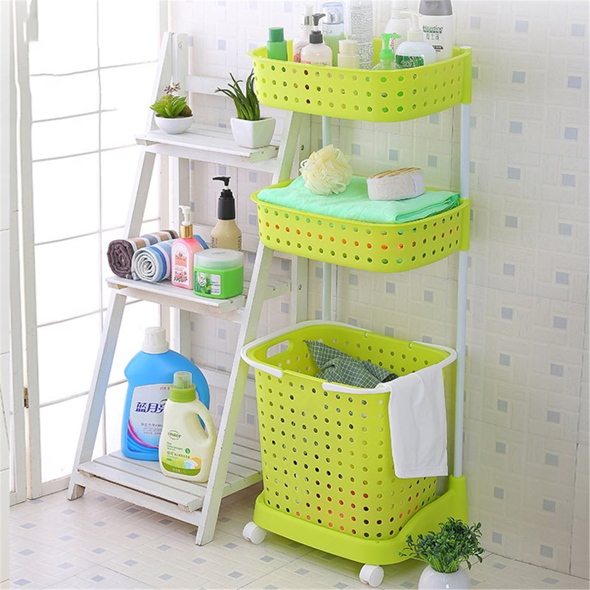 Bathroom Laundry Clothes Basket Bin Hamper Mobile Rack 3 Tier Storage Cart Pink 