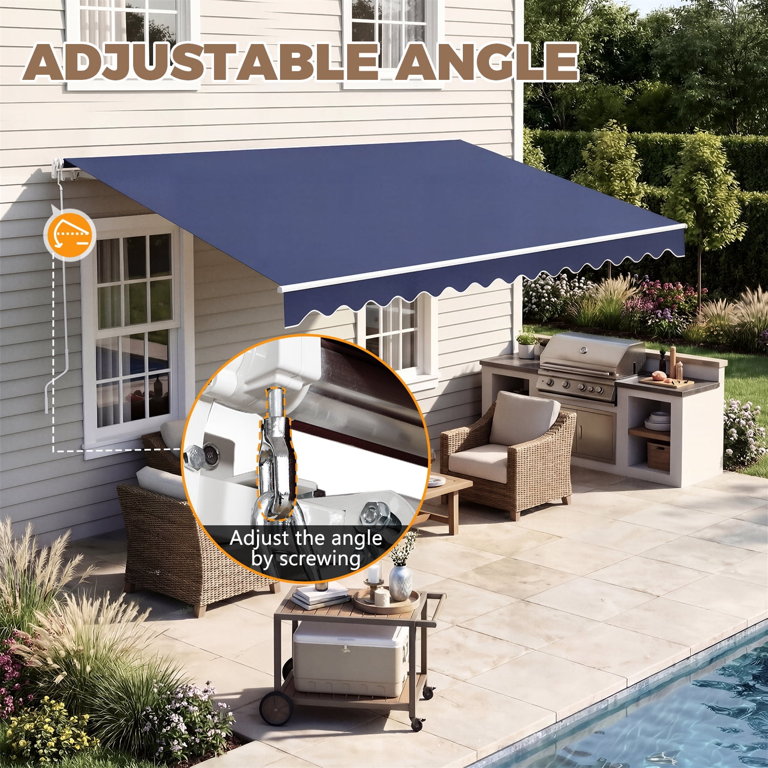 BaPiPro 12'x10' Manual Retractable Awning for Patio, Outdoor Sun Shade Waterproof Fabric Canopy with Crank Handle, UV Protection for Deck Balcony,Blue