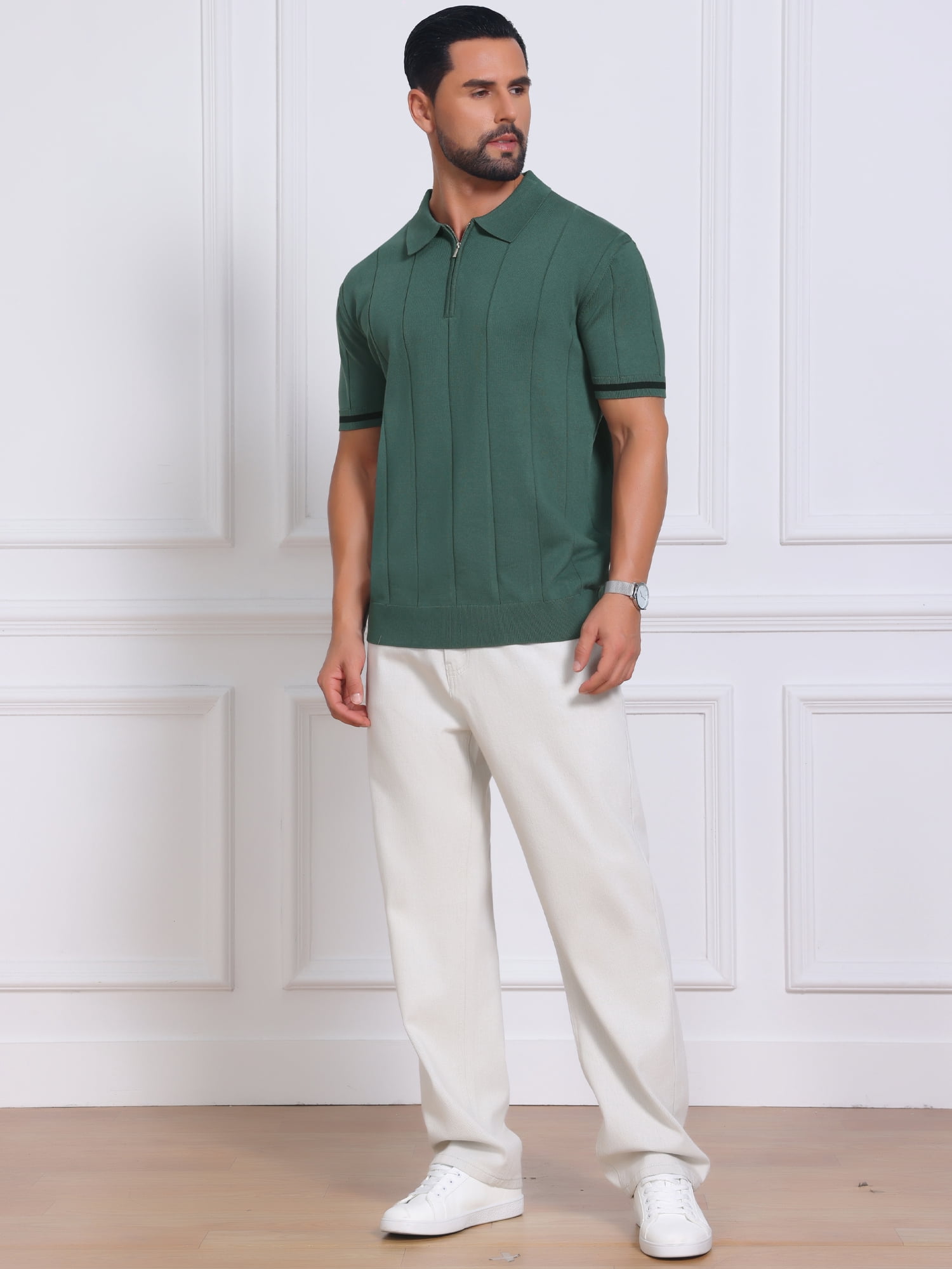 DARING DIVA Men's Textured Zip Up Ribbed Hem Short Sleeve Golf Polo Shirts M Green
