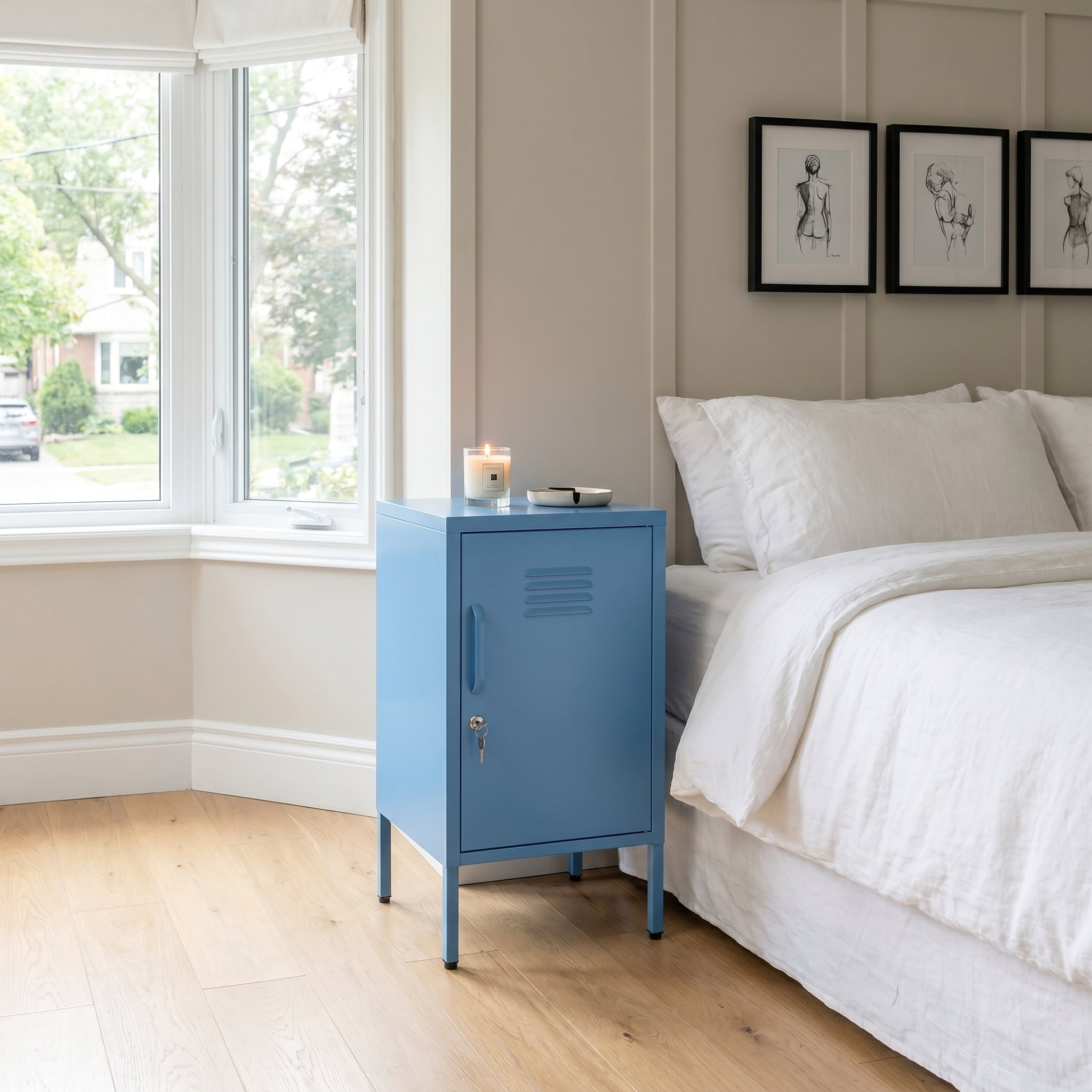 Leumius Small Metal Nightstand with Adjustable Shelf & Lockable Door,Modern Bedside Table End Table Side Cabinet for Bedroom,Living Room,Blue