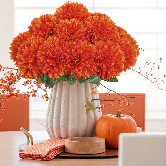 Scidweet Artificial Fall Flowers, 18 Pcs Faux Fake Chrysanthemums Silk flowers Fall Decorations for Home Indoor Outdoor Autum Table Wedding Porch Decor, Orange