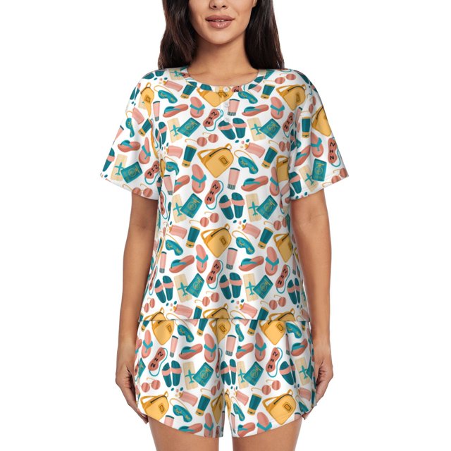 Fotbe Travel Elements Conjunto de Pijama Estampado para Mujer, 2 Piezas, Ropa de Dormir con Camiseta de Manga Corta y Shorts Suaves-4X-Large