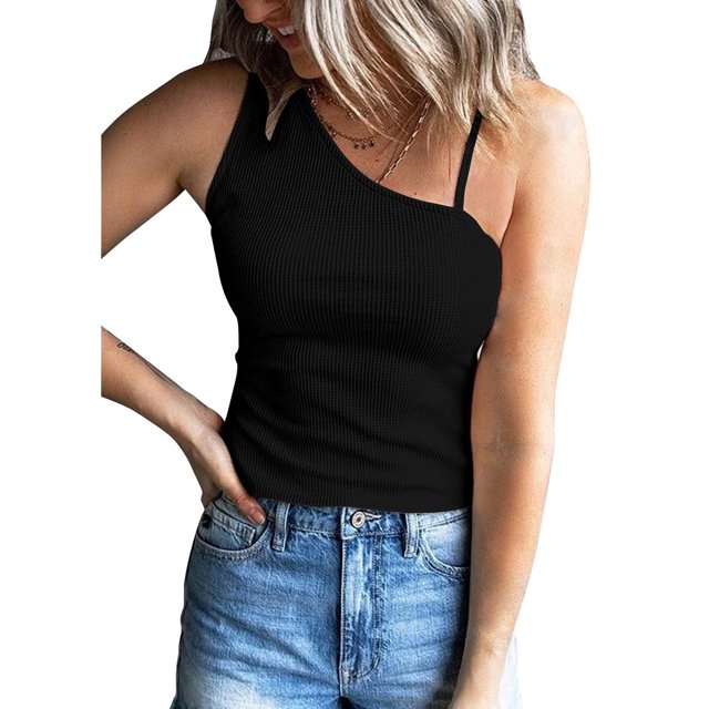Blusa de mujer con un solo hombro, sin mangas, Color puro, patrón de gofre, camiseta informal de poliéster para verano, negro, L