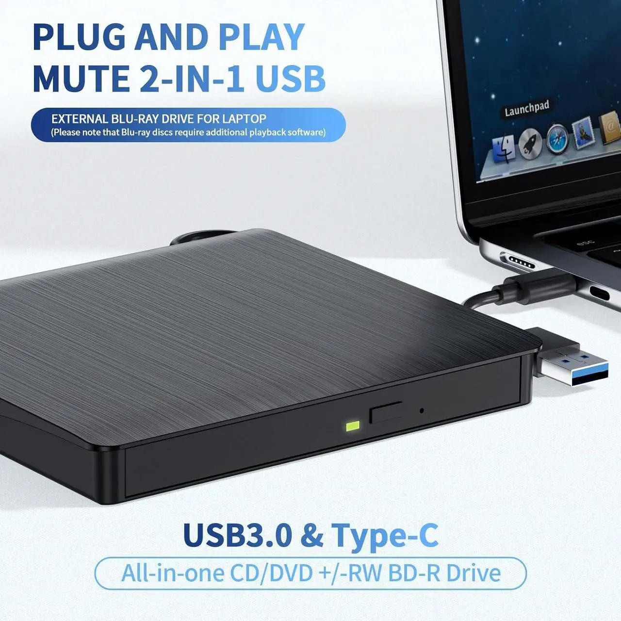 External Blu-ray Drive, Portable Blu-ray Player & CD DVD Burner USB 3.0 & Type-C BD/DVD/CD Reader, Plug and Play, Lightweight for Windows/Mac/Linux (2 in 1)