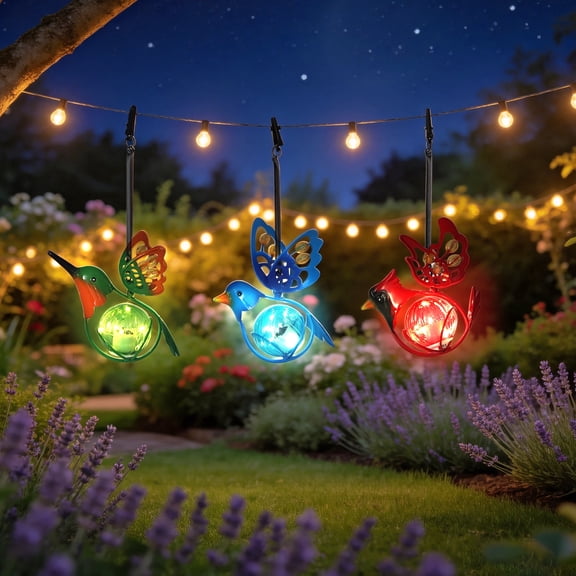 The Growing Ground 3-Pack Outdoor Solar Hanging Bird Lights, Waterproof LED Garden Decor, Hummingbird, Blue Jay & Cardinal