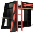 thumbnail image 6 of L-Shaped Dual Twin Size Loft Bed Frame with Power Outlet and TV Stand, Wooden Gaming Bed Frame with Storage Shelves and RGB LED Lights, Reversible Layout, Space-Saving, Mattress Not Included, Red, 6 of 9
