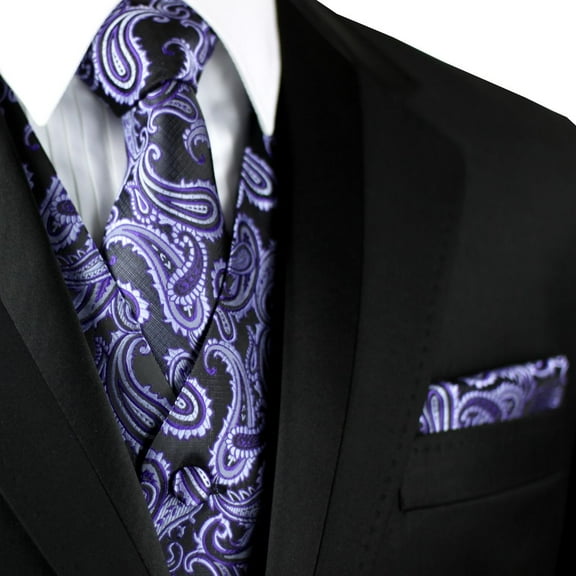 "BEST TUXEDO" Men's Formal, Wedding, Prom, Homecoming, Tuxedo Vest, Tie & Hankie Set in Purple Paisley