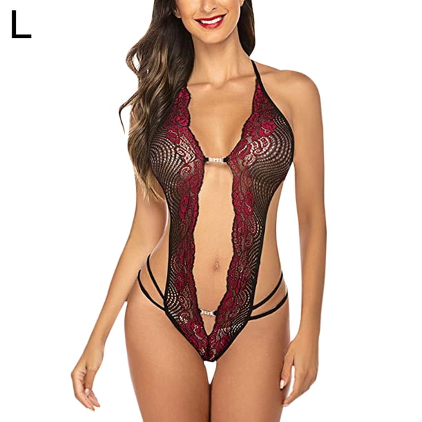 Mujeres Sexy Halter Body Ropa interior Cuello en V profundo Lencería de encaje floral, Rojo, L Guardurnaity XX000181-07