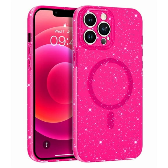DUEDUE Magnetic iPhone 13 Pro Case 6.1",Compatible with Mag Safe Slim Glitter Sparkle Shockproof Anti-Scratch Protective Case for iPhone 13 Pro，Hot Pink