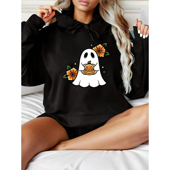 Cotton Casual Womens Halloween Print Hoodie Graphic Hooded long-sleeved Sweatshirt Black S-2XL