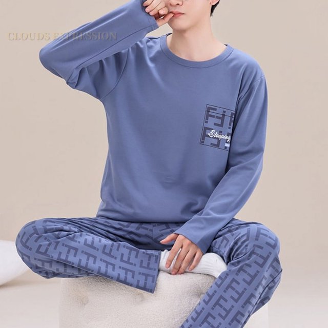 Printemps Automne Plus 5TG Pyjama Tricoté pour Hommes à Carreaux Ensembles de Pyjamas Décontractés Mode Nuit