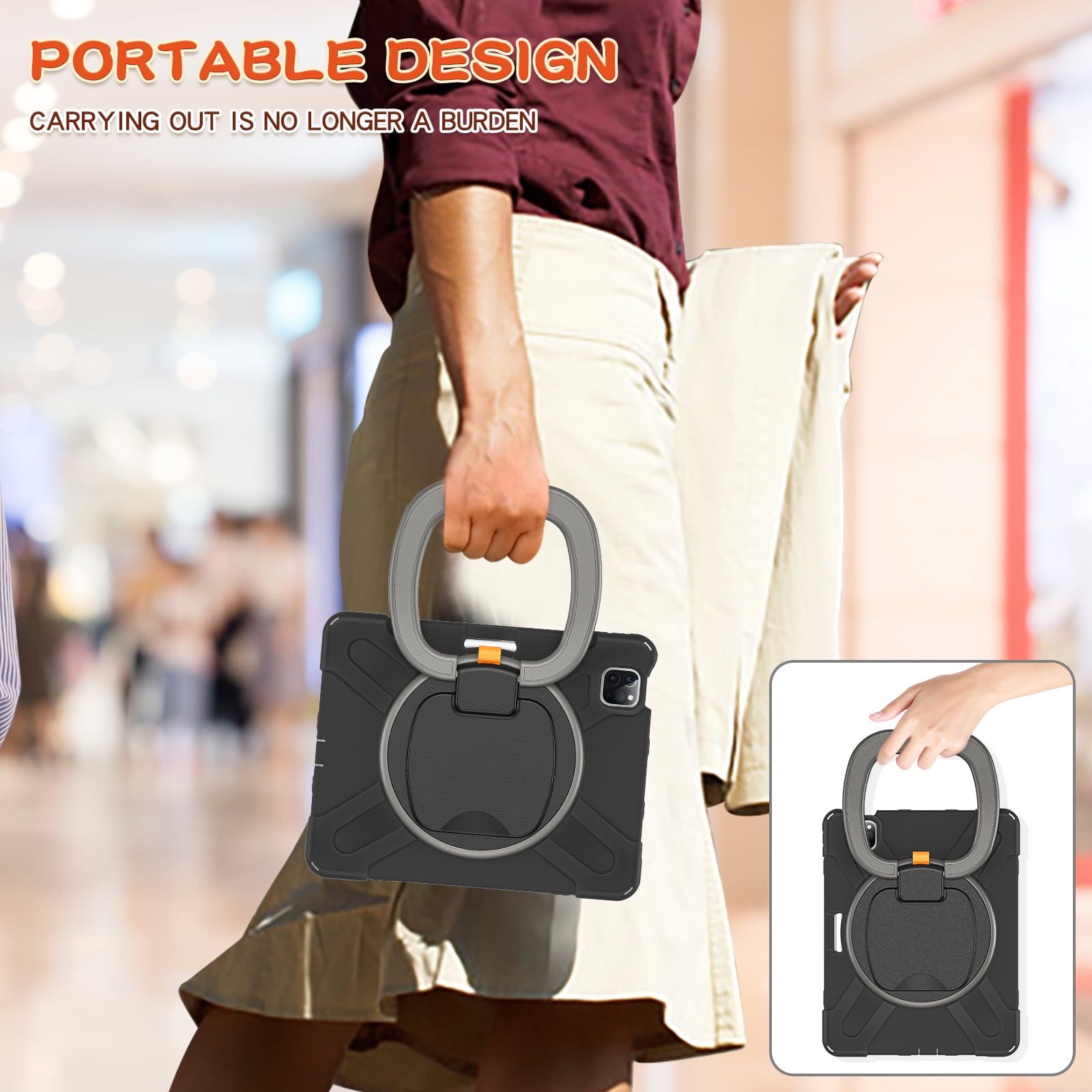 Shockproof Case for Apple iPad Air 11 M4 M3 M2 2026/2025/2024, Heavy Duty Protective Handle Kickstand Anti-Scratch Kids Friendly [Shoulder Strap] Pencil Holder Tablet Cover, Black+Gray