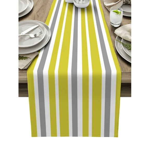 Yellow Grey Striped Table Runner 120 Inches, Modern White Abstract Art Aesthetics Bed Runner Dresser Scarves Tabletop for Indoor Outdoor Parties/Ceremony/Banquet, 13"x 120"
