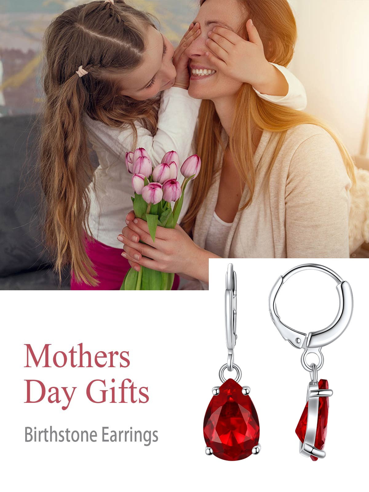 FOCALOOK Birthstone Dangle Hoop Earrings for Women Sterling Silver Teardrop Cubic Zirconia January Red Garnet Leverback Huggie Drop Earrings Birthday Valentines Day Jewelry Gift