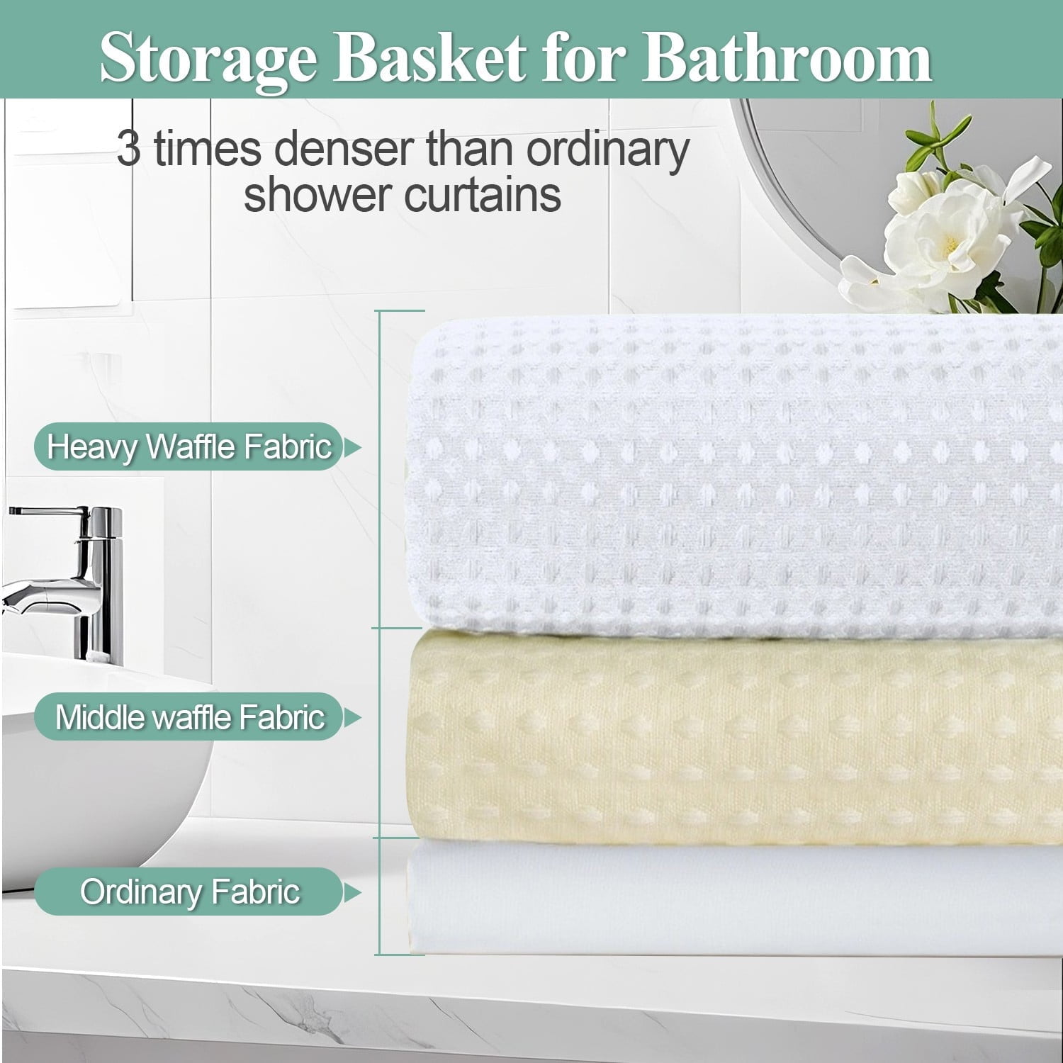Vorfor Waffle Shower Curtain Set, 3-in-1 White Thick Weighted Fabric Shower Curtain with PEVA Liner & 12 Stainless Steel Double-Sided Hooks, 71 x 71