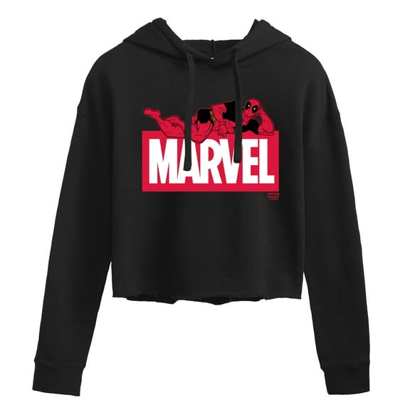 Marvel - Deadpool Marvel Logo - Juniors Cropped Long Sleeve Fleece Hoodie