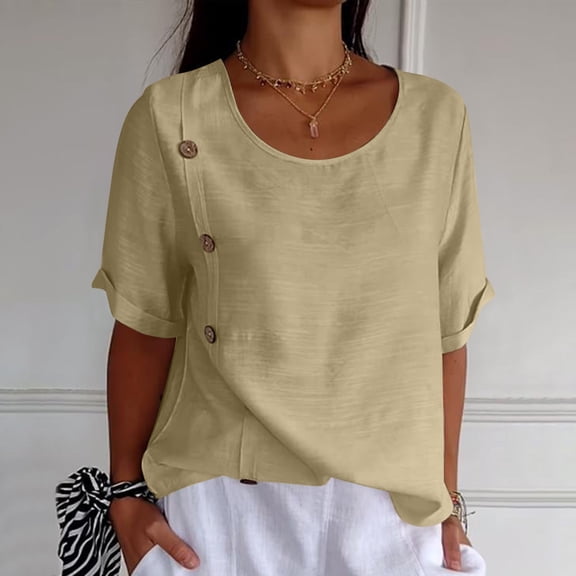 Women's Retro Fashion Solid Color Loose Casual Shirt Summer Short Sleeved Side Button T Shirt Tops Apparel T Womens Striped Tee Shirts Short Sleeve Workout Shirts Loose Womens Tops Short Sleeve Loose