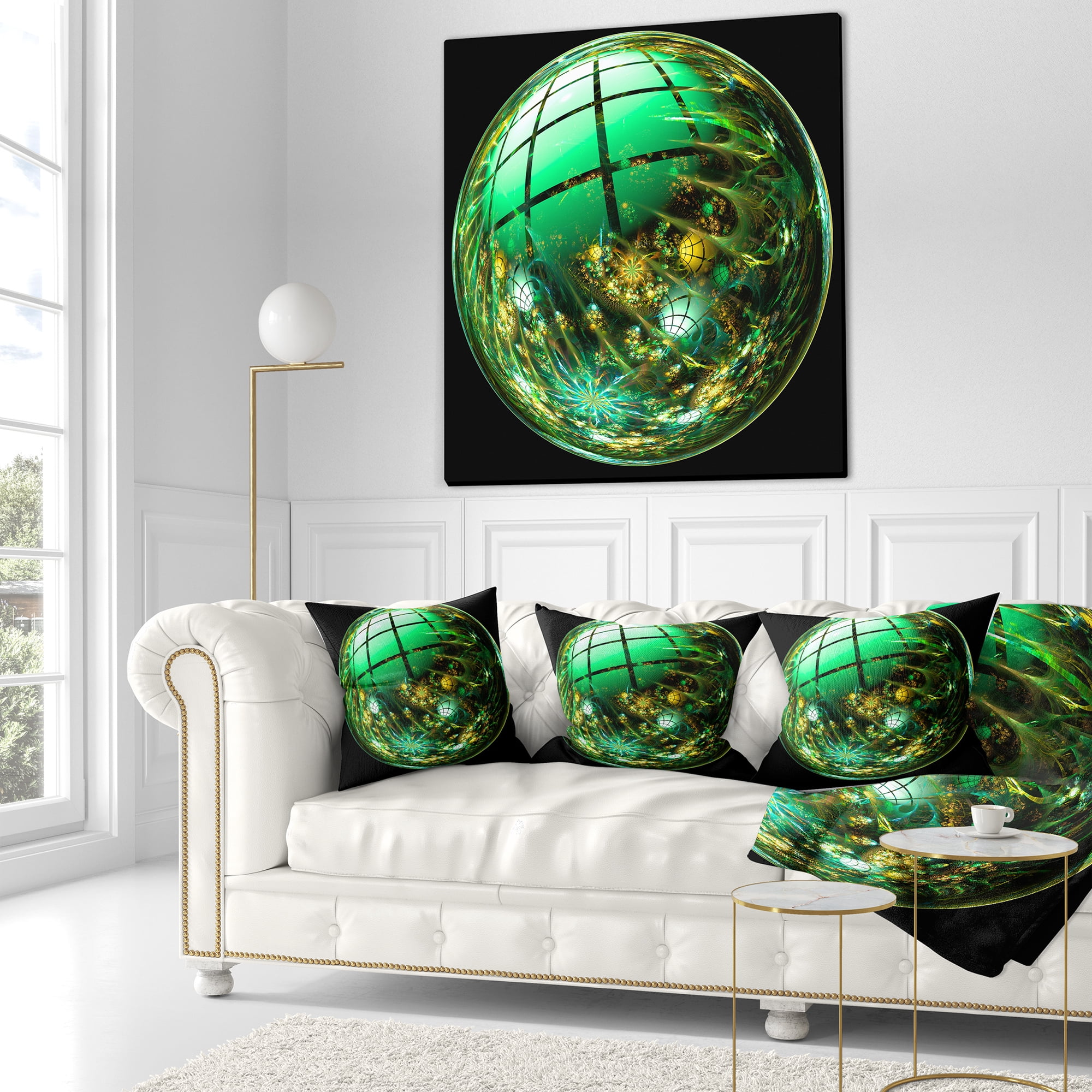 Designart Bright Green Fractal Sphere - Abstract Throw Pillow - 16x16