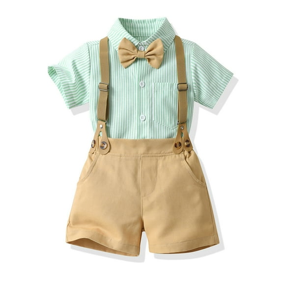 MXIEZI Toddler Baby Boys Clothes Outfit Striped Short Sleeve Dress Shirt with Bowtie Suspender Shorts Kids Campus 2PCS Set for Ages 3 Months-8 Years