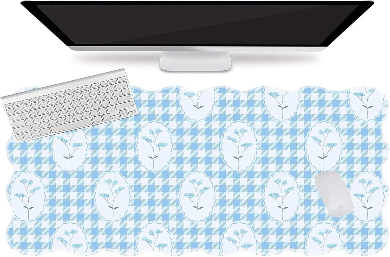 Blue Mouse Pad,Checkered Floral Desk Mat XXL Large Scalloped Cottagecore Gaming Mousepad,35.4x15.7in Non-Slip Rustic Keyboard Pad Desktop Mat for Laptop Computer Game Home Office