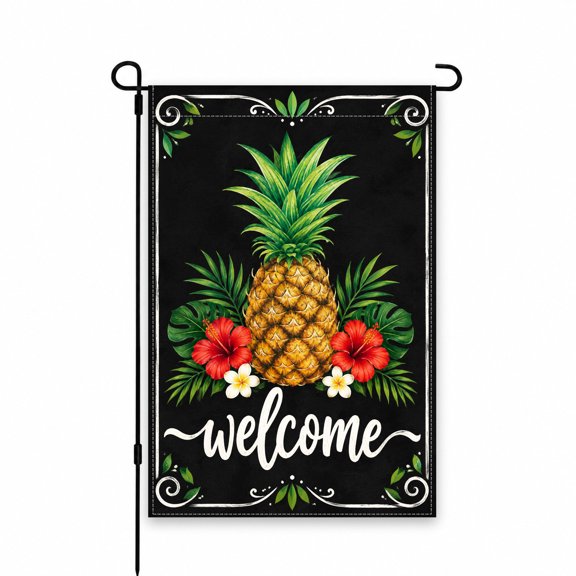 Welcome Pineapple Garden Flag 12 x 18 Inch Tropical Design with Hibiscus Flowers for Yard, Lawn, Patio, Porch, Outdoor Decor Summer Decoration