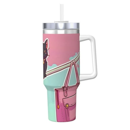 

Daiia Cats On Broomstick Printed 40 oz Tumbler with Handle Ice Bully Insulated Tumbler 2 in 1 Lid Insulated Water Bottle Stainless Steel Travel Coffee Mug