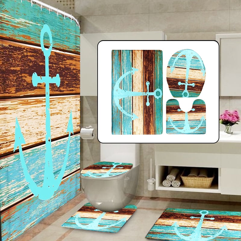 Rustic Blue Wood Board Waterproof Fabric Shower Curtain Set Liner Bathroom Decor 