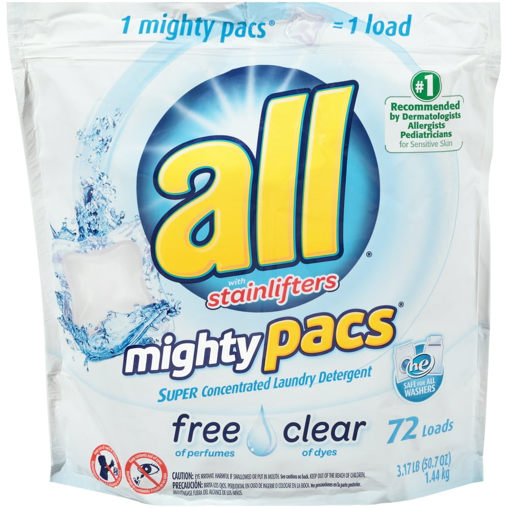 all Mighty Pacs Laundry Detergent, Free Clear for Sensitive Skin, Tub, 72 Count