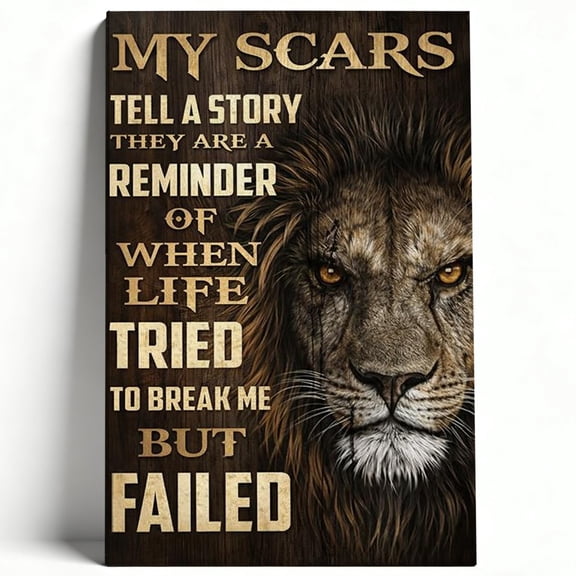 My Scars Tell A Story Lion Canvas Wall Art Motivational Lion Painting Inspiring Quotes Rustic Wood Office Gym Living Room Decor Print Ready to Hang 8*12