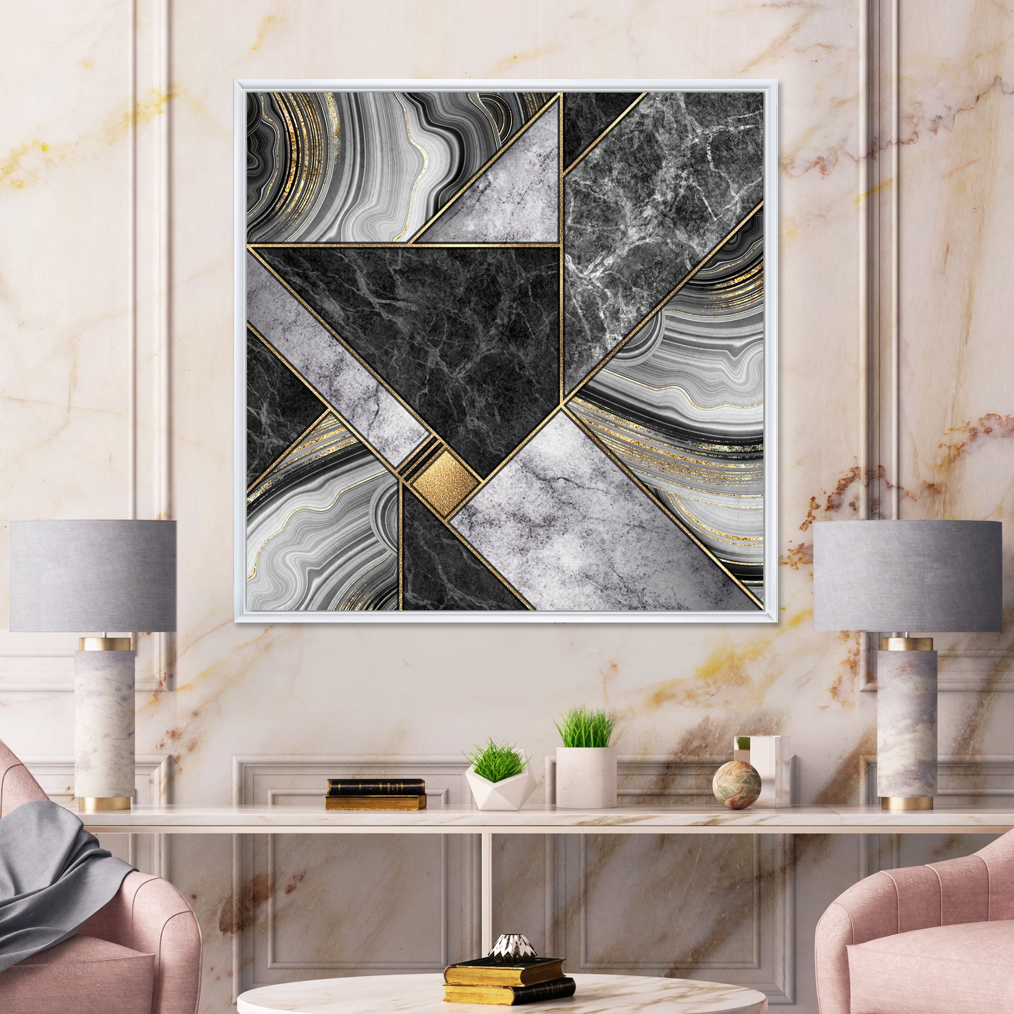 Touches Of Gold With Marble Granite Agate 16 in x 16 in Framed Painting Canvas Art Print, by Designart