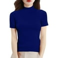 thumbnail image 3 of ManxiVoo Women's Mock Neck Top Short Sleeve Knit Pullover Sweater Smart Casual Ribbed Shirt L Size Blue, 3 of 8