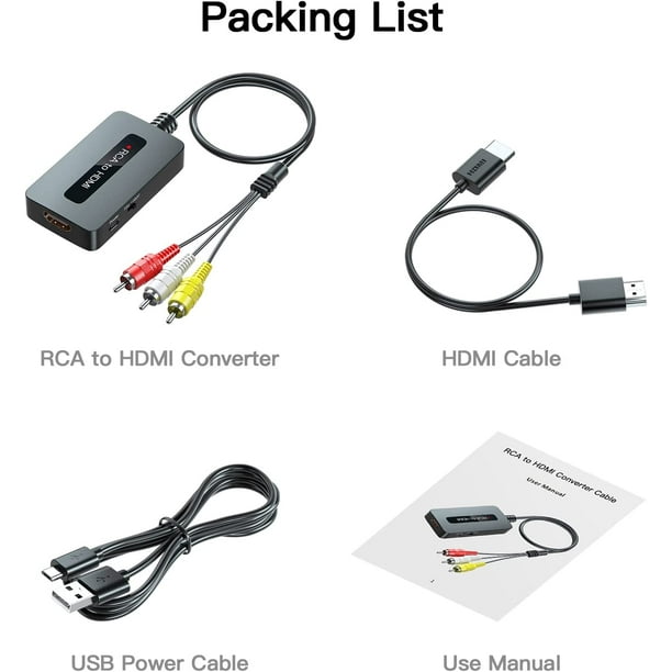 Convertisseur RCA vers HDMI, convertisseur AV vers HDMI mâle, compatible  avec VHS/DVD/STB avec RCA femelle pour afficher sur les téléviseurs HD, 