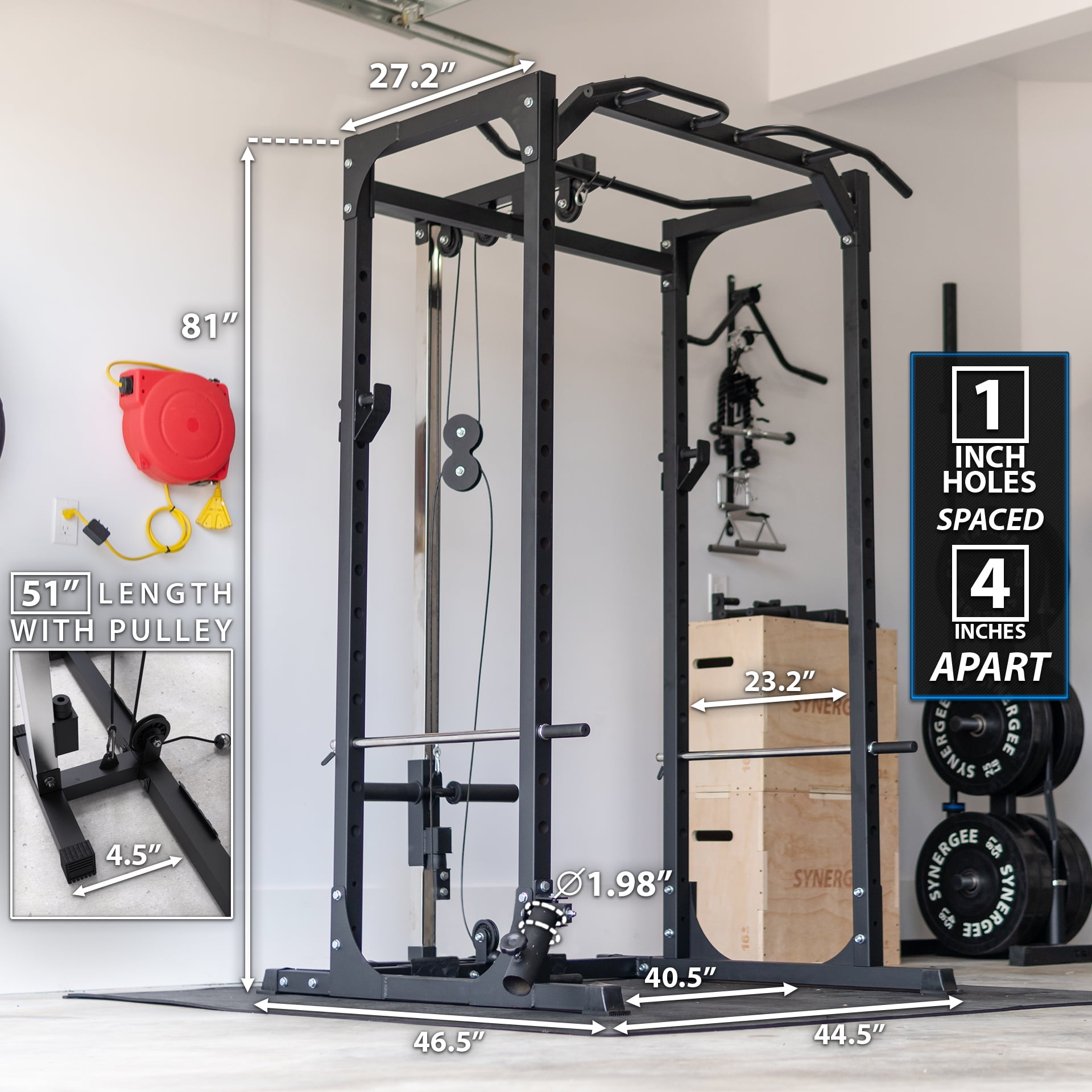 Synergee Power Rack Cage with Pulley System, J-Cups, Safety Arms