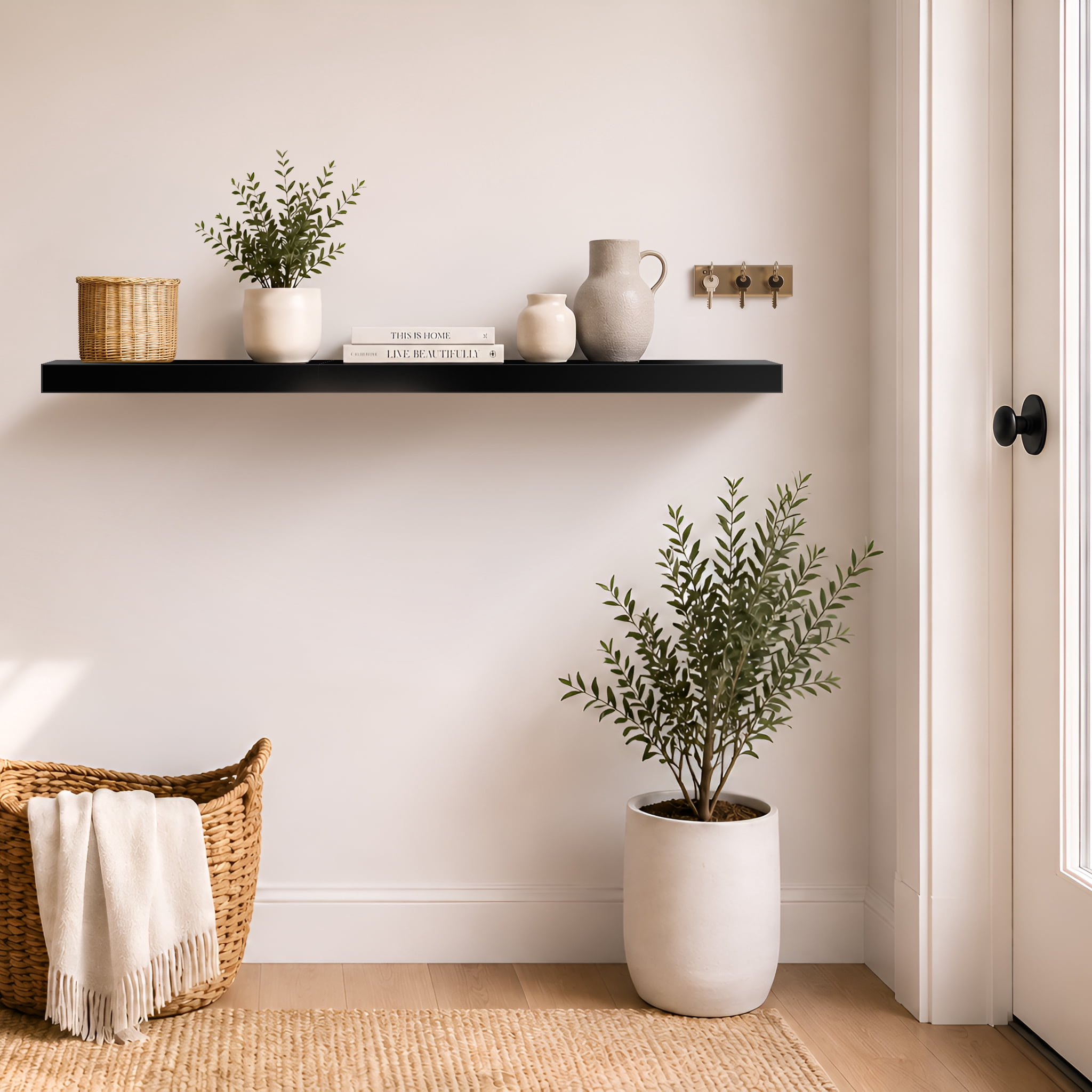 Sorbus 55" Floating Wall Shelf, Black, Invisible Brackets, Bathroom, Bedroom & Home Decor